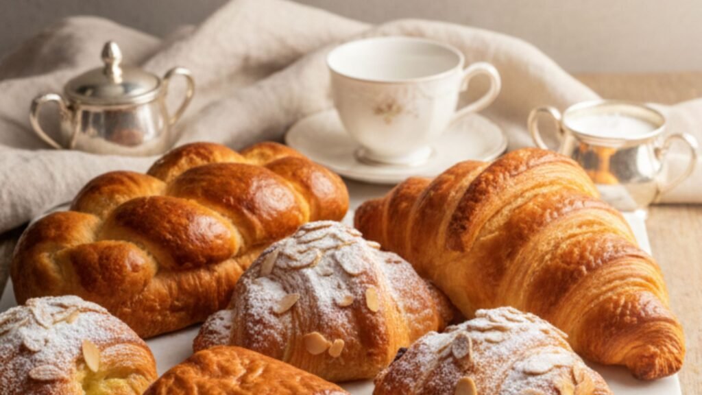 French Viennoiserie featuring croissants and pain au chocolat on a traditional bakery table