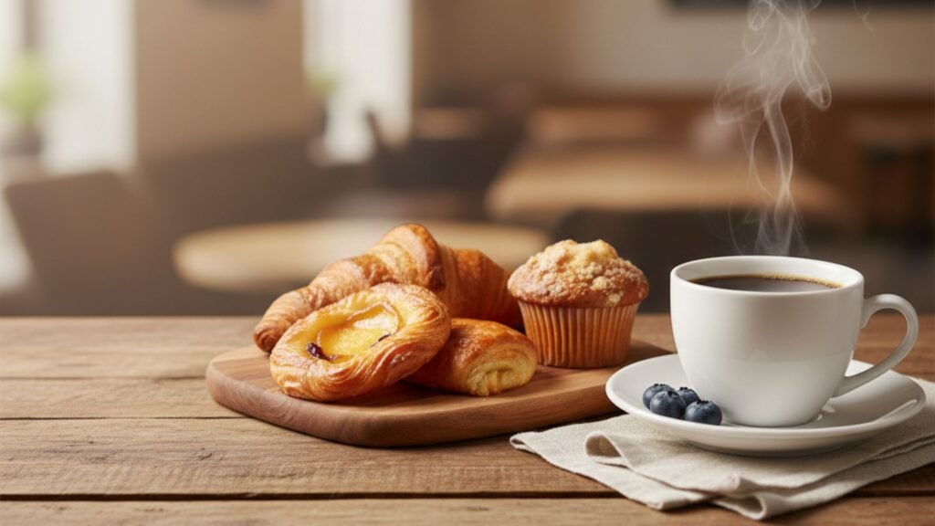 Coffee and pastry pairing with fresh croissants and perfectly brewed coffee