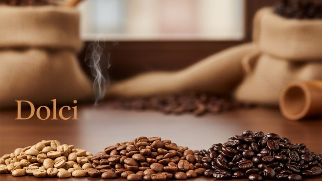 Guide explaining coffee roast levels from light roast to dark roast with flavor differences