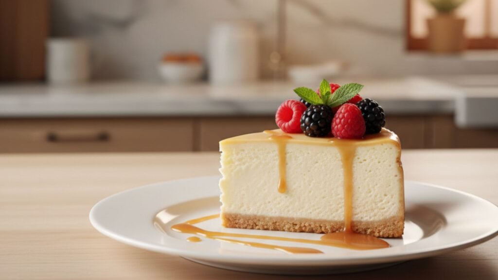 Creamy cheesecake recipe showing smooth texture and rich baked finish