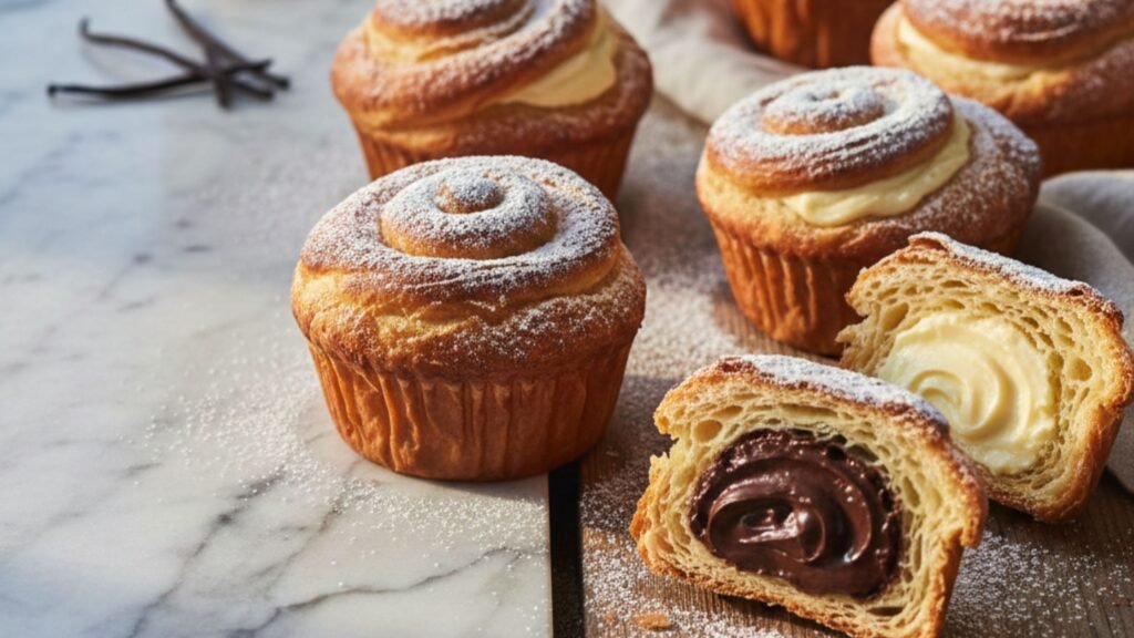 Freshly baked cruffin pastry showing flaky layers and rich filling