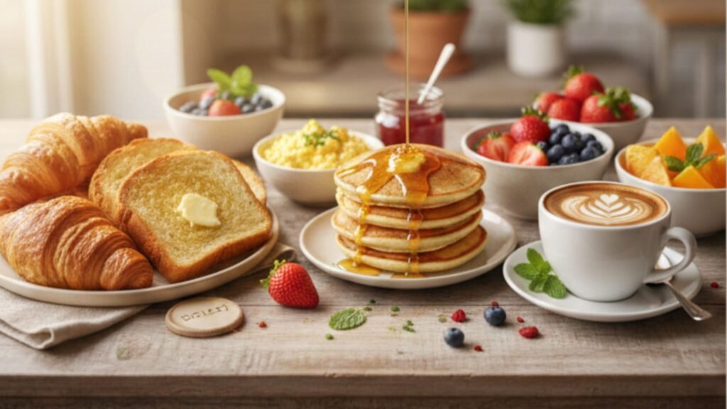 homemade café breakfast setup with coffee, toast, eggs, and fresh fruits styled like a café meal
