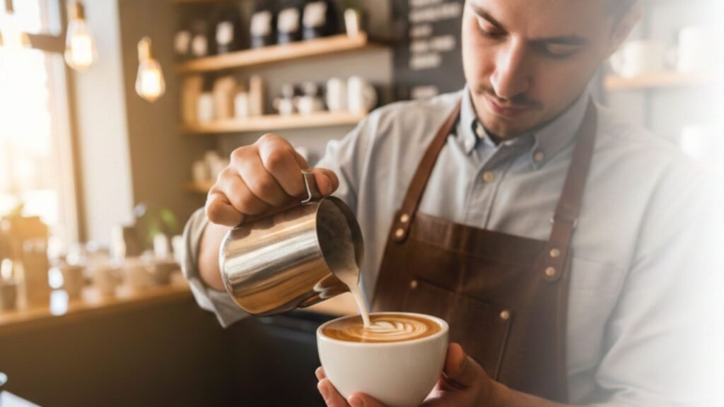 Barista demonstrating how to make the perfect latte art at home